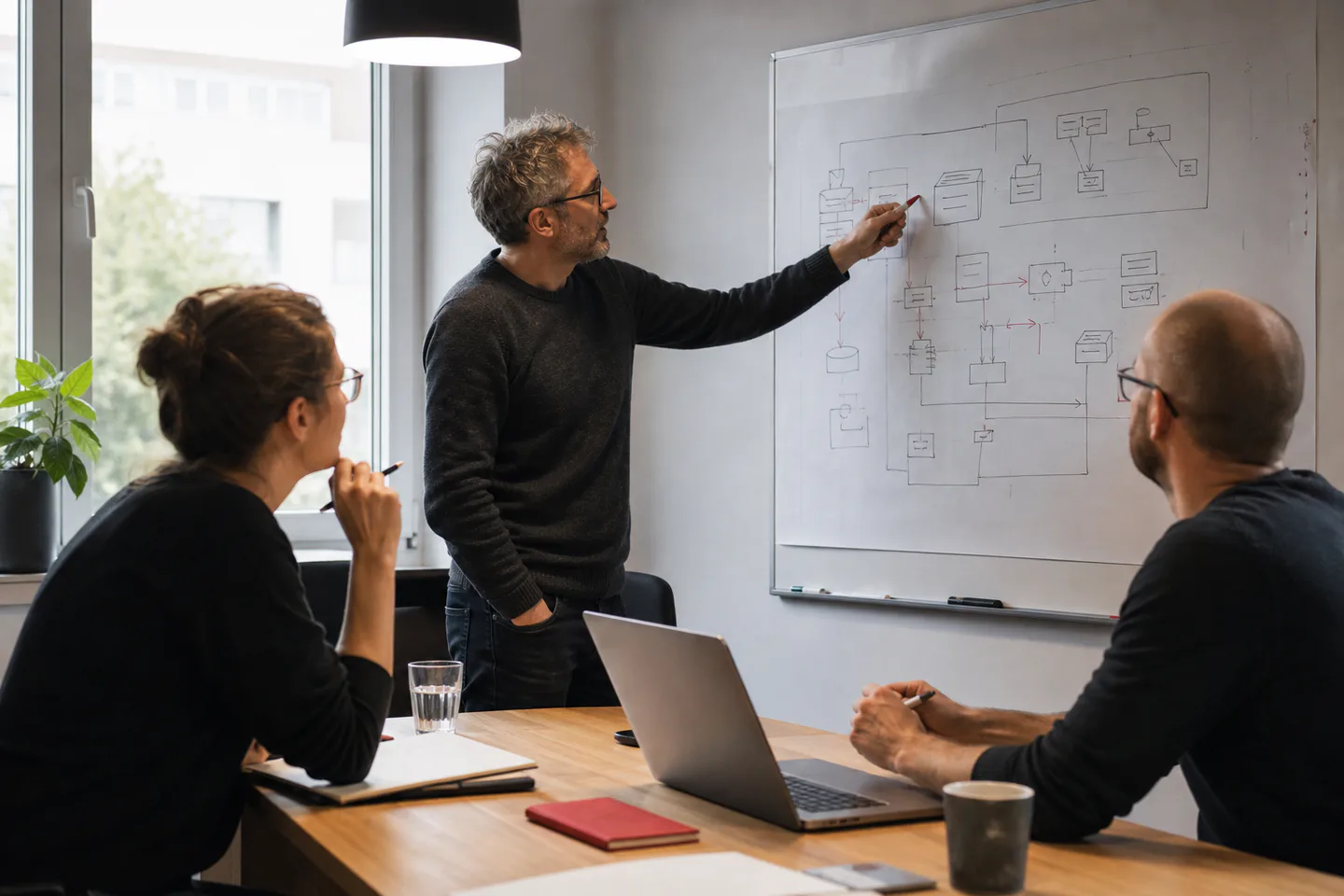 Drei Senior-Experten bei der technischen Abstimmung einer App-Architektur