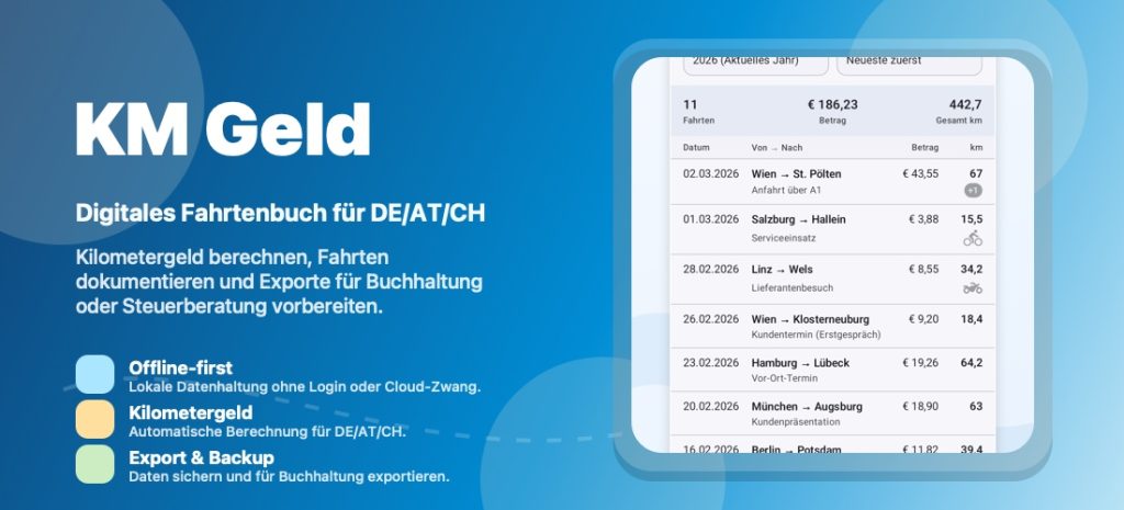 KM Geld App für Fahrtenbuch und Kilometergeld