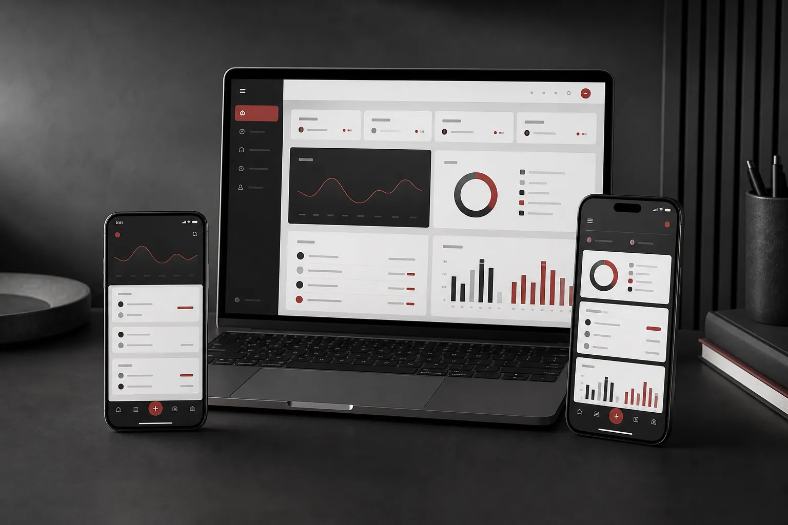 Abgestimmte App-Oberflächen auf zwei Smartphones und einem Laptop