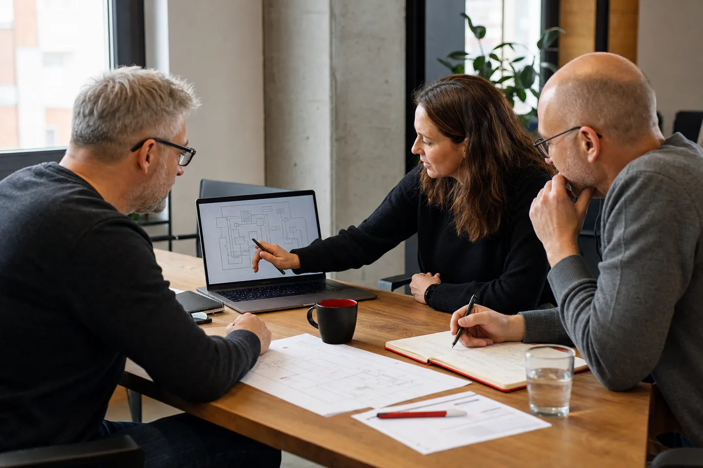 Drei Senior-Experten bei der gemeinsamen Bewertung einer Softwarearchitektur